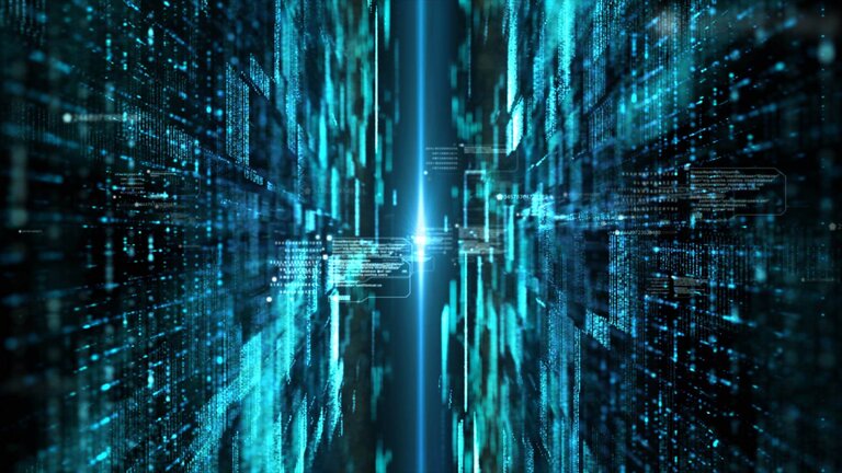 Abstrakter digitaler Tunnel mit blauem Datenstream und Binärcode